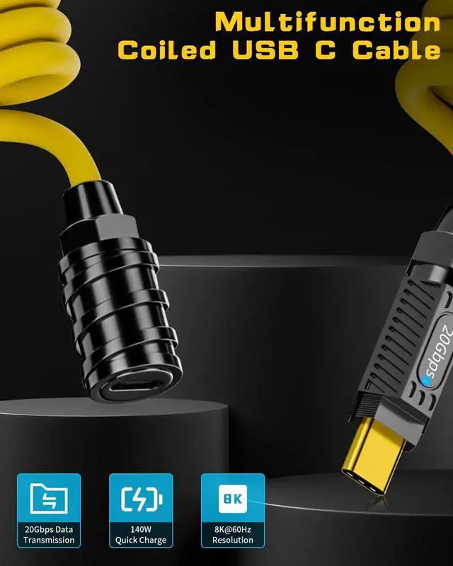 Alt view image 6 of 6 - Aomoproing Coiled USB C Extension Cable, USB C Male to Female Spring Cable, 140W 20Gbps 8K@60Hz, Silicone Charger Cord for Phone MacBook, Max Stretched 5ft