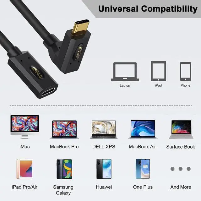 Alt view image 5 of 6 - Aomoproing 240W USB C Extension Cable 1ft, 90 Degree Up & Down USB 4 Extension Cord, 40Gbps 8K Video Short Type C Extender for Thunderbolt 4, Laptop, Phone, Tablet