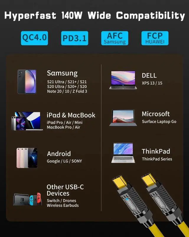 Alt view image 5 of 6 - Aomoproing Short USB C to USB C Cable 7.8inch, 140W PD Fast Charging, 20Gbps Data, 8K@60Hz Silicone Type C Cord, Yellow, for iPhone Android Galaxy S23
