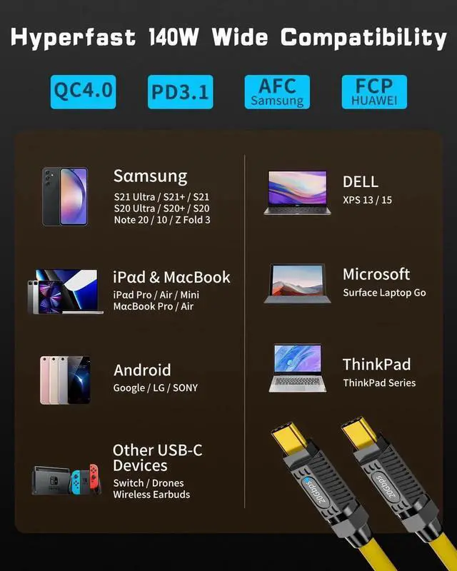 Alt view image 2 of 6 - Aomoproing USB C to USB C Charging Cable 6ft, 140W 20Gbps Type C Fast Charging Silicone Cable with LED Light, 8K@60Hz, for MacBook Pro, Galaxy S23 S22, Yellow