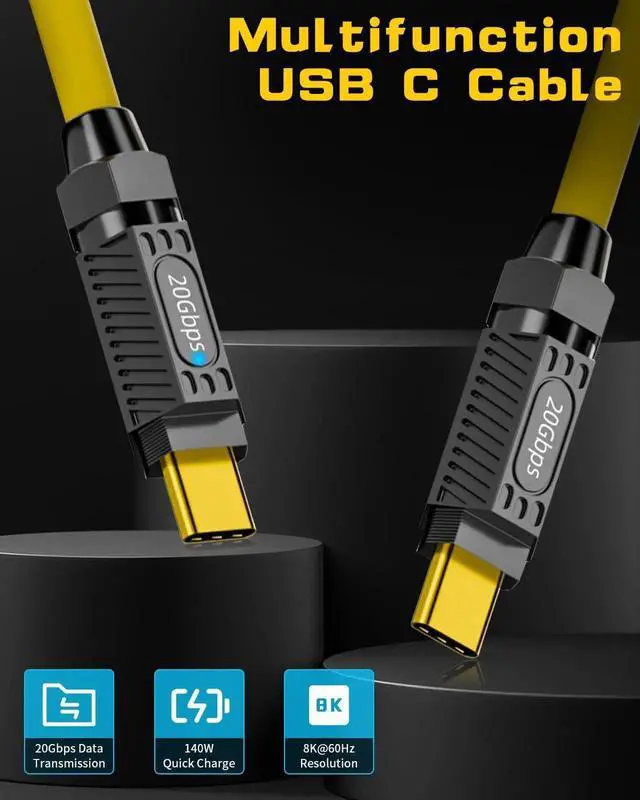 Alt view image 4 of 6 - Aomoproing USB C to USB C Charging Cable 6ft, 140W 20Gbps Type C Fast Charging Silicone Cable with LED Light, 8K@60Hz, for MacBook Pro, Galaxy S23 S22, Yellow