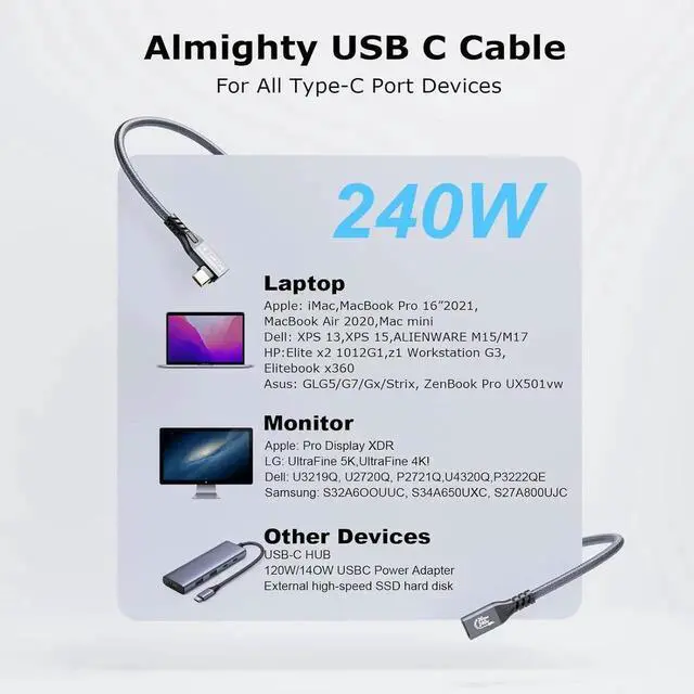 Alt view image 4 of 6 - Aomoproing 20Gbps USB C 3.2 Gen2 Extension Cable 10FT, 90 Degree Type C Male to Female Extender, 4K@60Hz, 240W Fast Charging, for External SSD, eGPU, Laptop, Monitor