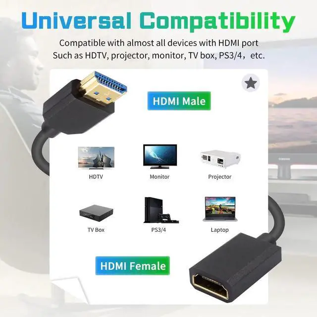Alt view image 6 of 7 - 8K HDMI Extender Cable 12inch/30cm Male to Female, 48Gbps High Speed Extension Cord Supports 8K@60Hz for PC, Laptop, TV, Xbox, PS5, PS4
