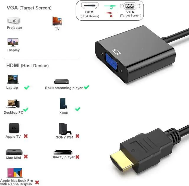 Alt view image 3 of 6 - Gold-Plated HDMI to VGA Adapter (Male to Female), 2 Packs, Black, Compatible with Laptop, PC, Monitor, Projector, HDTV, Roku, Xbox and More