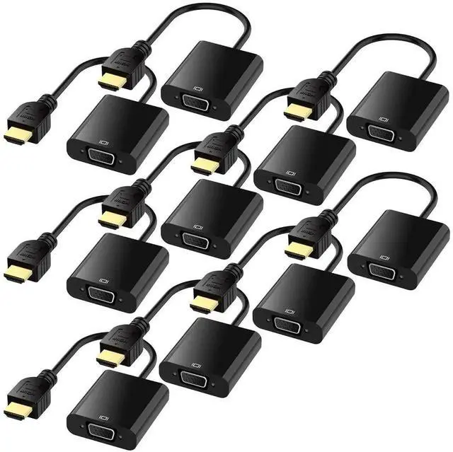 Main image of 10-Pack Active HDMI to VGA Adapter with Audio, Gold-Plated Male to Female Converter, Micro USB Power & 3.5mm Audio Cable, Black for PS4, MacBook, PC, Monitor, Projector