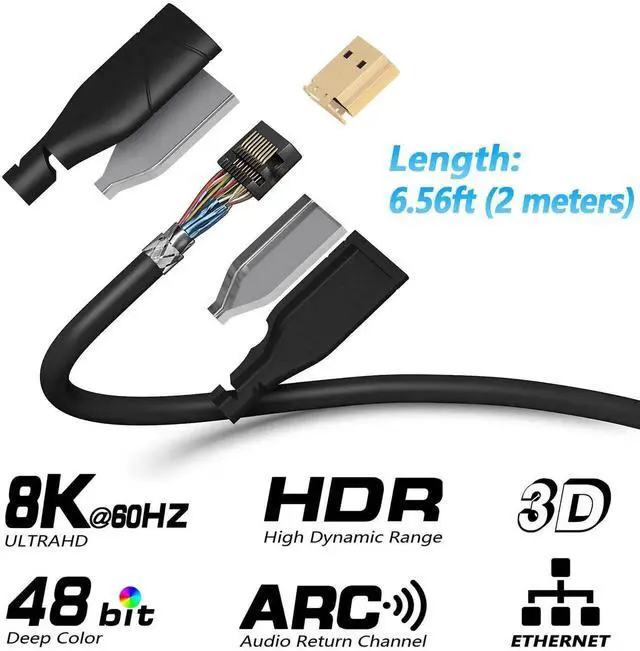 Alt view image 4 of 7 - 8K@60Hz HDMI 2.1 Cable 6.6FT, Ultra High Speed HDMI Cord, Supports 4K@120Hz 144Hz, HDCP, HDR 10 for HDTV, PC, Laptop, PS4/5, Xbox