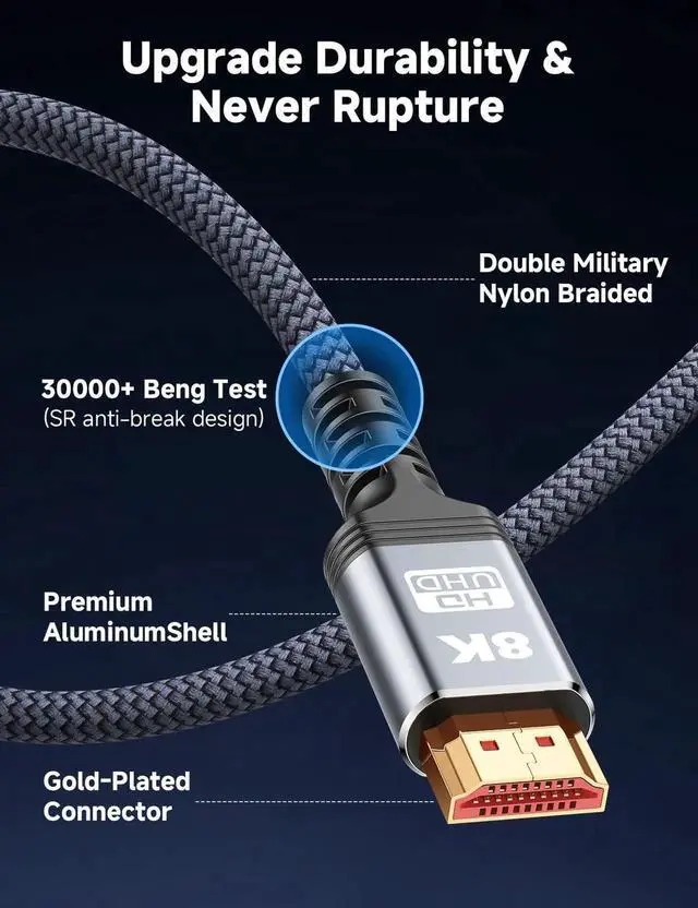 Alt view image 5 of 7 - 8K 10K HDMI Cable 10FT/3M Certified Ultra High Speed 48Gbps Braided HDMI 2.1 Cord 4K@120Hz 8K@60Hz HDR10 HDCP 2.2&2.3 DTS:X for Roku TV PS5 HDTV Blu-ray