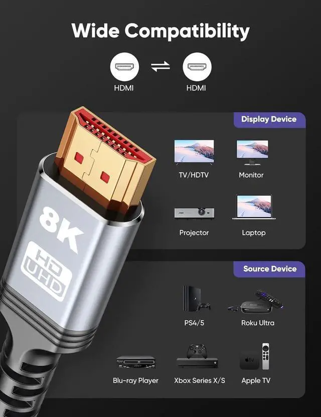 Alt view image 7 of 7 - 8K 10K HDMI Cable 10FT/3M Certified Ultra High Speed 48Gbps Braided HDMI 2.1 Cord 4K@120Hz 8K@60Hz HDR10 HDCP 2.2&2.3 DTS:X for Roku TV PS5 HDTV Blu-ray