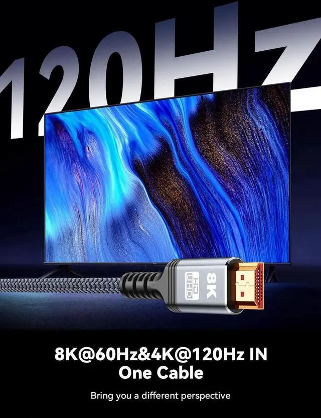 Alt view image 3 of 7 - 8K 10K HDMI Cable 10FT/3M Certified Ultra High Speed 48Gbps Braided HDMI 2.1 Cord 4K@120Hz 8K@60Hz HDR10 HDCP 2.2&2.3 DTS:X for Roku TV PS5 HDTV Blu-ray