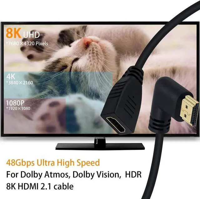 Alt view image 4 of 7 - 8K HDMI 2.1 Extension Cable 90 Degree Right Angle Male to Female 2FT Support 48Gbps 8K@60Hz 4K@120Hz 3D HDR for Laptop PC TV PS5