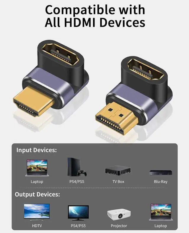 Alt view image 5 of 7 - 90 Degree HDMI 2.1 Adapter 8K@60Hz 48Gbps, Up & Down Angle Extension Connector with LED Indicator for TV Stick Roku Xbox PS5 (2 Pack)