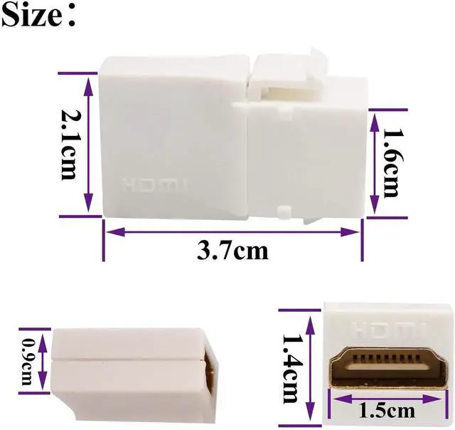 Alt view image 2 of 7 - 90 Degree HDMI Keystone Adapter 2 Pack, Gold Plated HDMI Female to Female Keystone Jack Insert, 4K@60Hz 3D Coupler for Wall Plate (White)