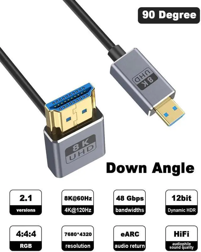 Alt view image 7 of 7 - 90° Down Angle Short Micro HDMI to HDMI 2.1 Cable 1FT/30cm, 8K@60Hz 4K@240Hz 48Gbps High-Speed for Camera, Camcorder, Tablet
