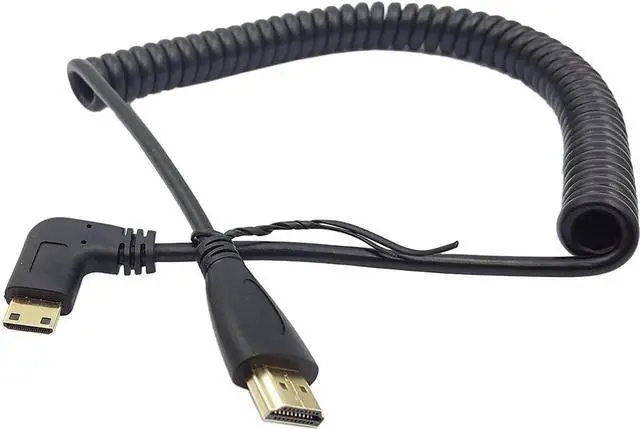 Main image of 90° Right Angle Mini HDMI to HDMI Coiled Cable, Gold-Plated Male to Male Adapter, Supports 3D / 1080P, Adjustable Length 1.510ft
