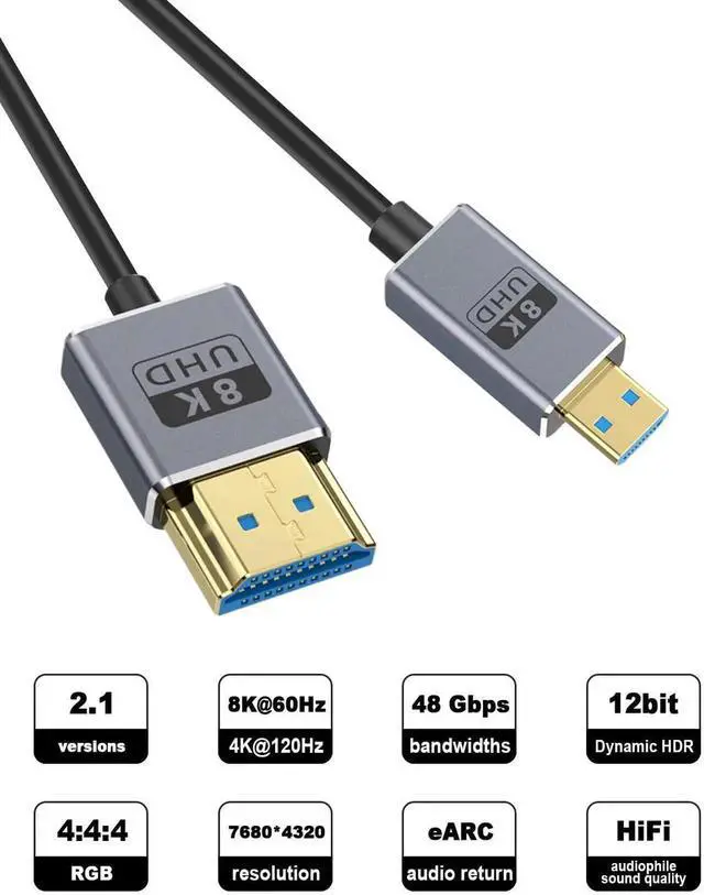 Alt view image 2 of 7 - 8K Micro HDMI to HDMI Cable 4FT/1.2M, 48Gbps HDMI 2.1 Male to Male Cord, 8K@60Hz 4K@240Hz HDR for Cameras, DSLRs, Camcorders, Portable Screens, Monitors