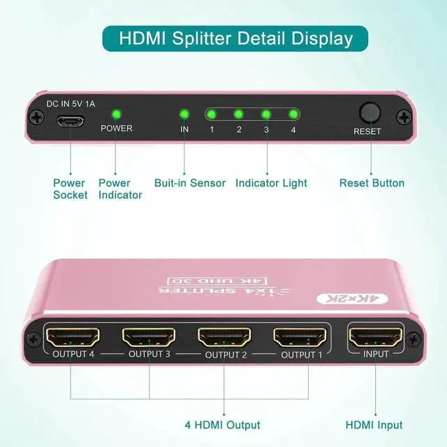 Alt view image 3 of 7 - HDMI Splitter 1 in 4 Out Pink, 4K 3D 1080P HDMI Splitter 1 Source to 4 Displays, Aluminum Alloy for PS4, Fire Stick, HDTV, Monitor