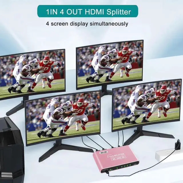 Alt view image 4 of 7 - HDMI Splitter 1 in 4 Out Pink, 4K 3D 1080P HDMI Splitter 1 Source to 4 Displays, Aluminum Alloy for PS4, Fire Stick, HDTV, Monitor