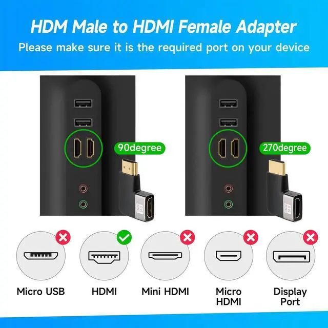 Alt view image 4 of 5 - 8K HDMI Flat 90 & 270 Degree Gold Plated Adapter 4 Pack, L Shape Male to Female Vertical Extender Supports 8K@60Hz 4K@120Hz for HDTV, Xbox One
