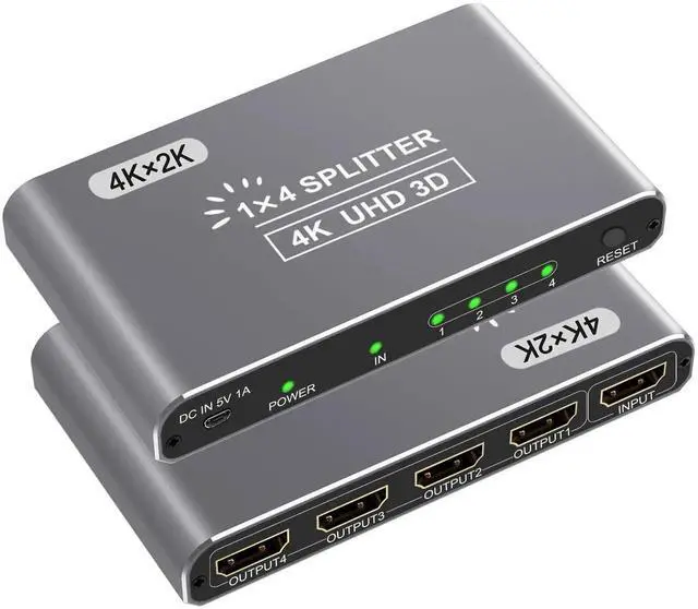 Main image of HDMI Splitter 1 in 4 Out Silver, 4K 3D 1080P HDMI Splitter 1 Source to 4 Displays, Aluminum Alloy for PS4, Fire Stick, HDTV, Monitor