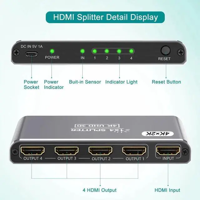 Alt view image 3 of 7 - HDMI Splitter 1 in 4 Out Silver, 4K 3D 1080P HDMI Splitter 1 Source to 4 Displays, Aluminum Alloy for PS4, Fire Stick, HDTV, Monitor