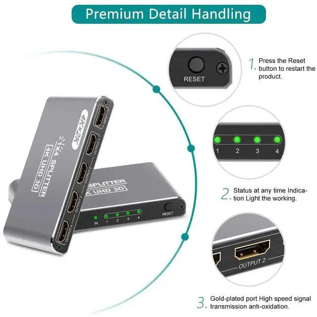 Alt view image 6 of 7 - HDMI Splitter 1 in 4 Out Silver, 4K 3D 1080P HDMI Splitter 1 Source to 4 Displays, Aluminum Alloy for PS4, Fire Stick, HDTV, Monitor