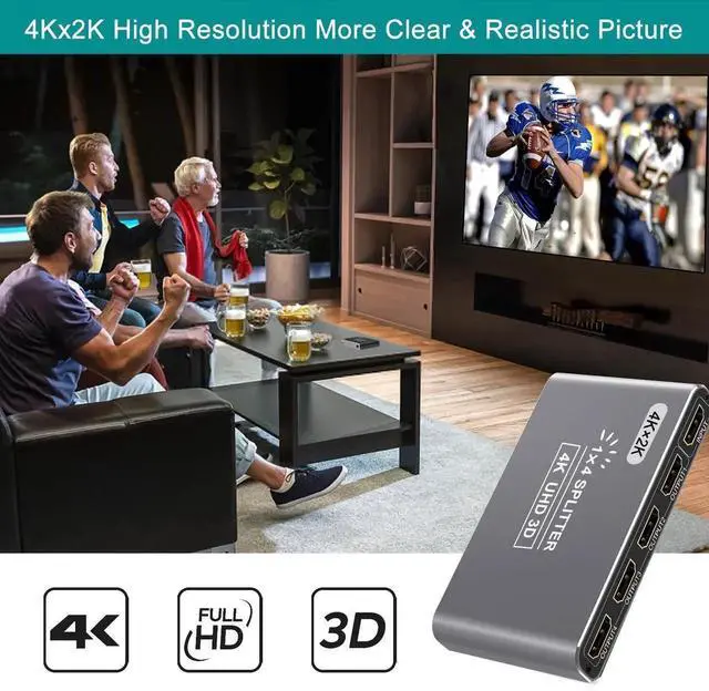Alt view image 2 of 7 - HDMI Splitter 1 in 4 Out Silver, 4K 3D 1080P HDMI Splitter 1 Source to 4 Displays, Aluminum Alloy for PS4, Fire Stick, HDTV, Monitor