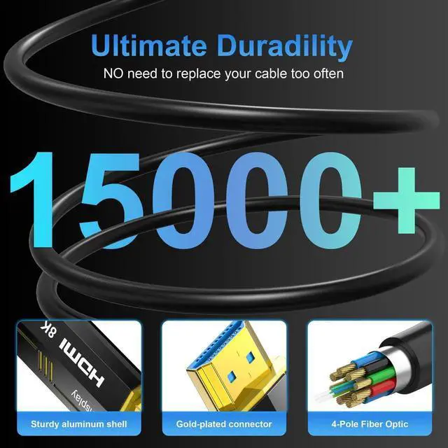 Alt view image 2 of 6 - 65FT Fiber Optic HDMI 2.1 Cable 8K 48Gbps, Gold-Plated Connectors 8K@60Hz 4K@120Hz Male-to-Male Cord for PC HDTV Projector Large Display
