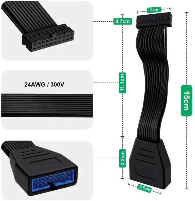 Alt view image 3 of 6 - USB 3.0 19/20 Pin Motherboard Internal Extension Cable, 5.9 Inch / 15cm Header Adapter Cord, High Speed Transmission Desktop PC Chassis Internal Wiring Cable