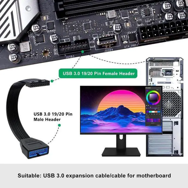 Alt view image 4 of 6 - USB 3.0 19/20 Pin Motherboard Internal Extension Cable, 5.9 Inch / 15cm Header Adapter Cord, High Speed Transmission Desktop PC Chassis Internal Wiring Cable