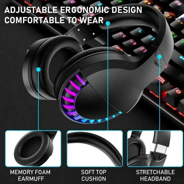 Alt view image 4 of 7 - Over Ear Wireless Bluetooth Headphones, Active Noise Cancellation Headset with HiFi Stereo Deep Bass, Built-in Mic, Rainbow RGB Backlight, Protein Earpads, Rechargeable Gaming Headphones for PC, Mac,