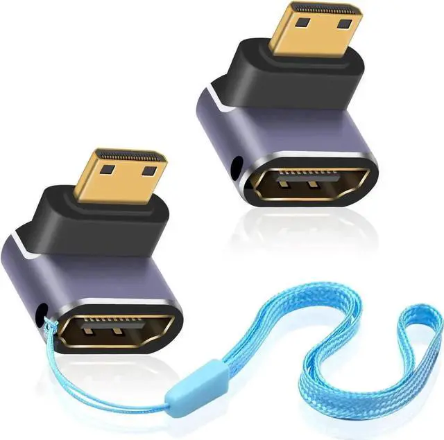 Main image of 2 Pack 90 Degree Up Angle Mini HDMI to HDMI Adapter, 8K@60Hz High Speed Connector, 4K@144Hz & 2K@240Hz Support, Right Angle Mini HDMI Converter for Camera, Camcorder and Multimedia Devices