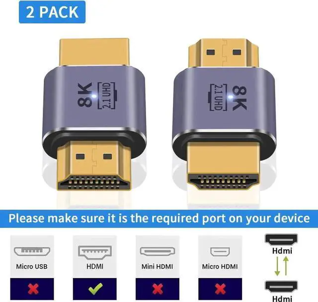 Alt view image 2 of 7 - 2-Pack 8K HDMI 2.1 Male to Male Adapter, 48Gbps UHD HDMI Extension Coupler, 8K@60Hz 4K@120Hz High Speed Connector, 3D HDR Video Extender for HDTV, PS5, Xbox, Switch