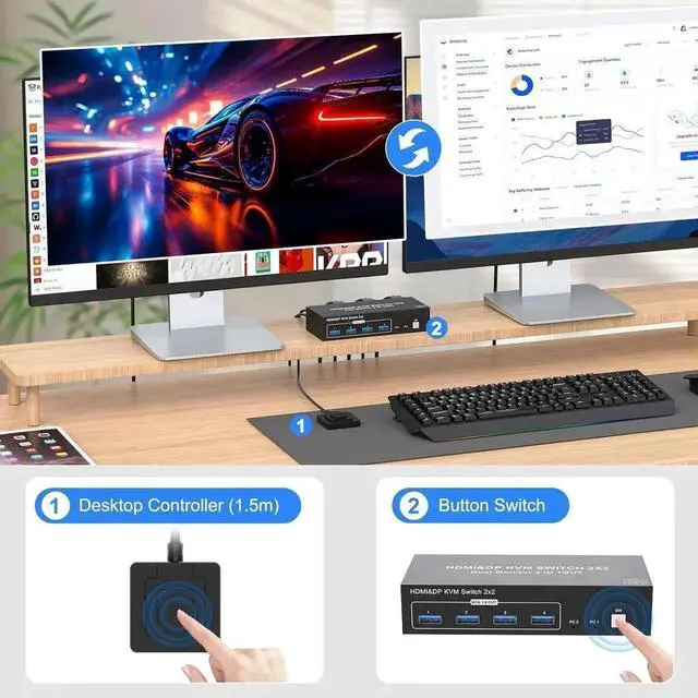 Alt view image 3 of 7 - 2-Port Dual Monitor KVM Switch, HDMI + DisplayPort 2 in 2 Out KVM Switch, 4K@60Hz, USB 3.0, Wired Controller, Share Keyboard Mouse and 2 Displays Between 2 Computers