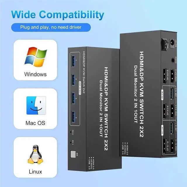 Alt view image 6 of 7 - 2-Port Dual Monitor KVM Switch, HDMI + DisplayPort 2 in 2 Out KVM Switch, 4K@60Hz, USB 3.0, Wired Controller, Share Keyboard Mouse and 2 Displays Between 2 Computers