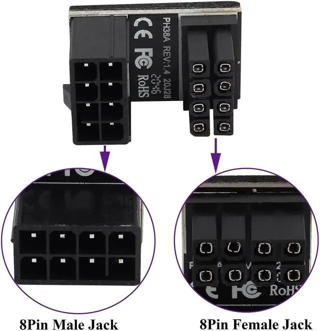 Alt view image 4 of 7 - 2 Pack 180 Degree U-Shaped 8Pin Power Adapter, ATX/PCIe 8Pin Female to Male Angled Connector, Low Profile GPU PCI Express Power Converter for Desktop Graphics Card