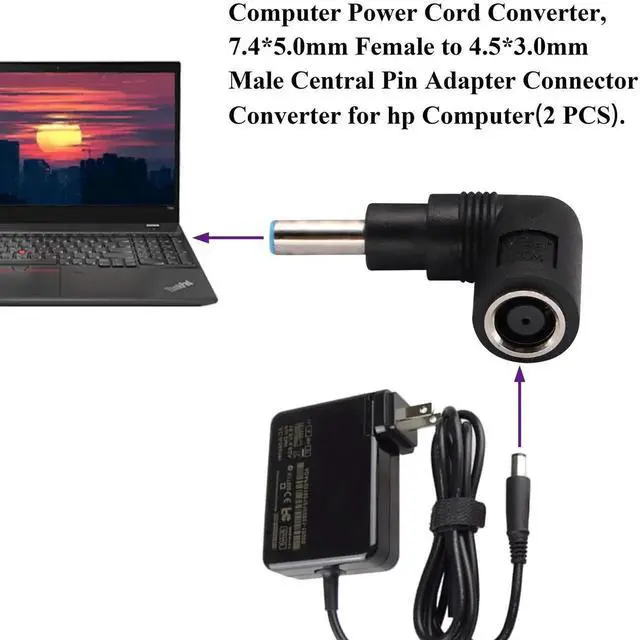 Alt view image 7 of 7 - 2 Pack 90 Degree DC Power Converter, 7.4x5.0mm Female to 4.5x3.0mm Male Laptop Charging Adapter, Right Angle DC Connector Replacement for HP Notebook Power Supply