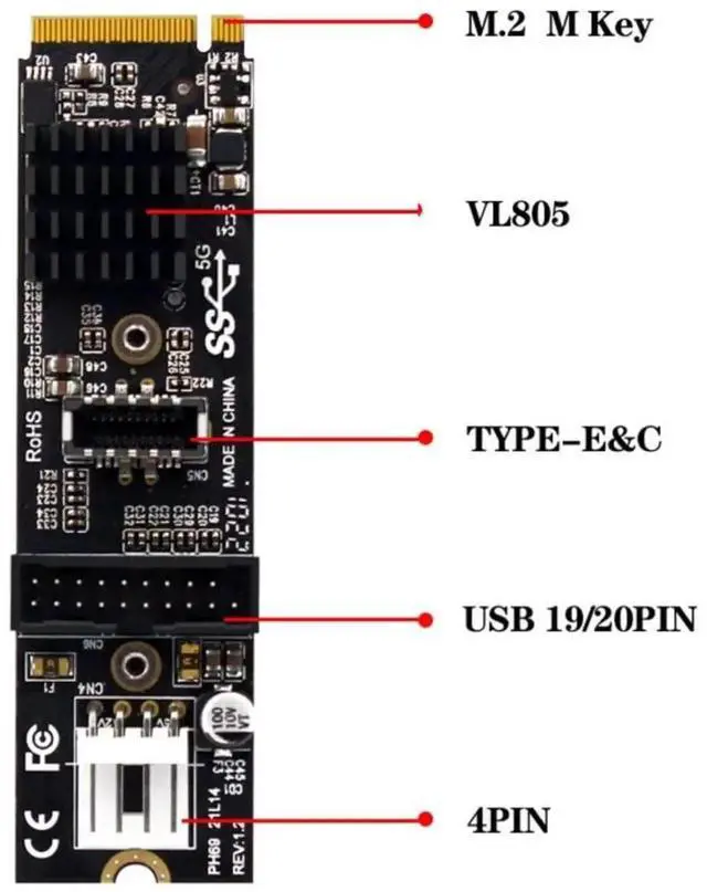 Alt view image 7 of 7 - M.2 NVME NGFF M-Key to USB 3.0 20Pin USB 3.1 Type-E Front Panel Header Adapter, Mainboard Internal Extension Converter for Desktop PC Motherboard
