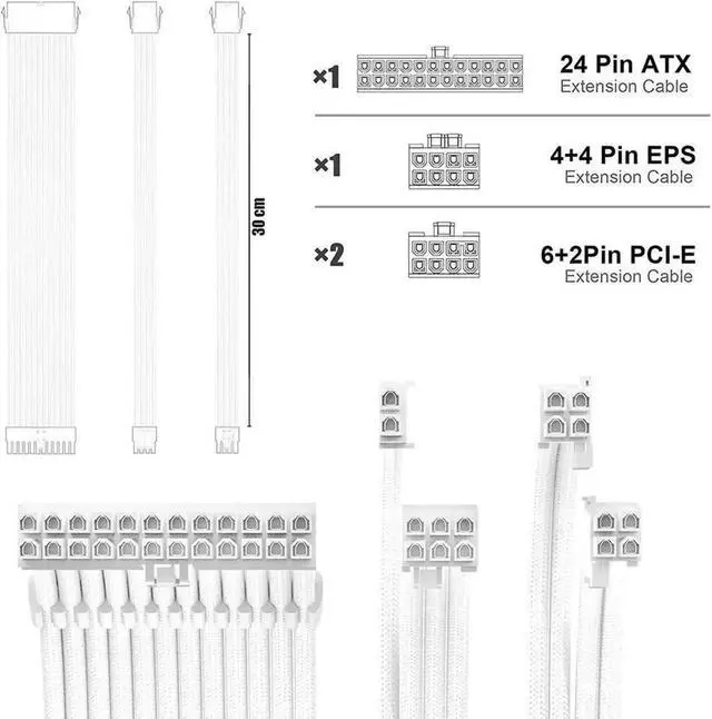 Alt view image 4 of 4 - PSU Cable Extension Kit 30CM Length with Cable Combs 1x24Pin/1x8Pin(4+4) EPS/2x8Pin(6P+2P) PCI-E/PC Sleeved Cable for ATX Power Supply(White)