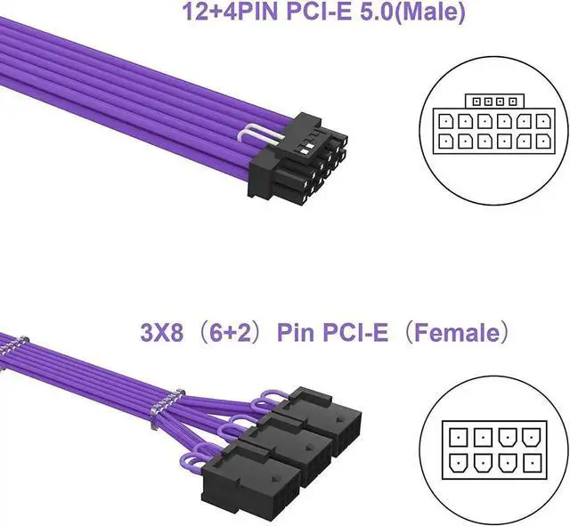 Alt view image 4 of 7 - 16Pin Cable,PCIE GPU Cables,Sleeved 12vhpwr PSU Extension Cable,Mini 12+4 Pin Connector for RTX 3090Ti,4070Ti 4080,4090 Graphics Card Power Supply 16AWG Purple