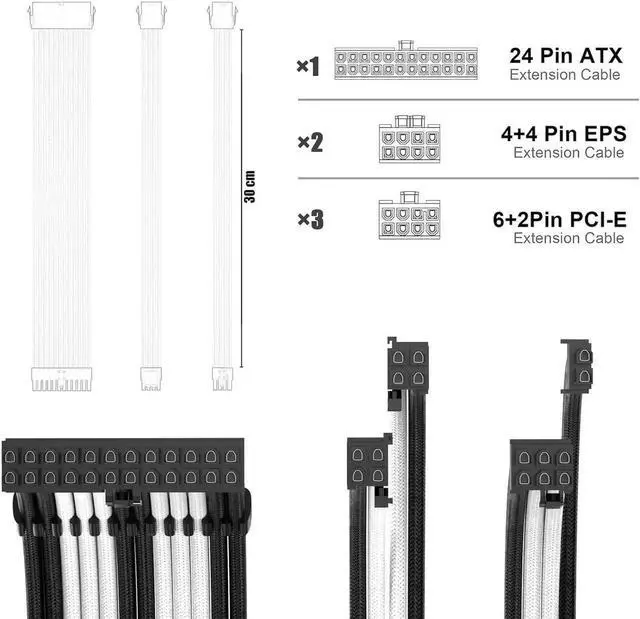 Alt view image 3 of 4 - PSU Cable Extension Kit 30CM Length with Combs,1x24Pin/2x8Pin(4+4) EPS/3x8Pin(6P+2P) PCI-E/PC Sleeved for ATX Power Supply,( Black & White)