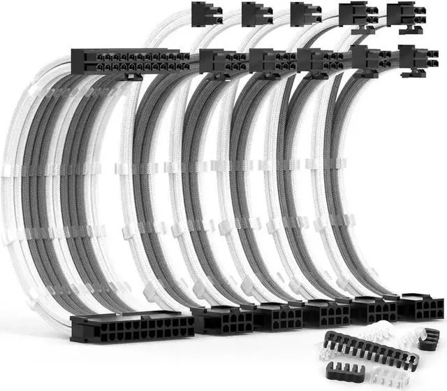 Main image of PSU Cable Extension Kit 30CM Length with Combs,1x24Pin/2x8Pin(4+4) EPS/3x8Pin(6P+2P) PCI-E/PC Sleeved for ATX Power Supply,9 White & Grey)