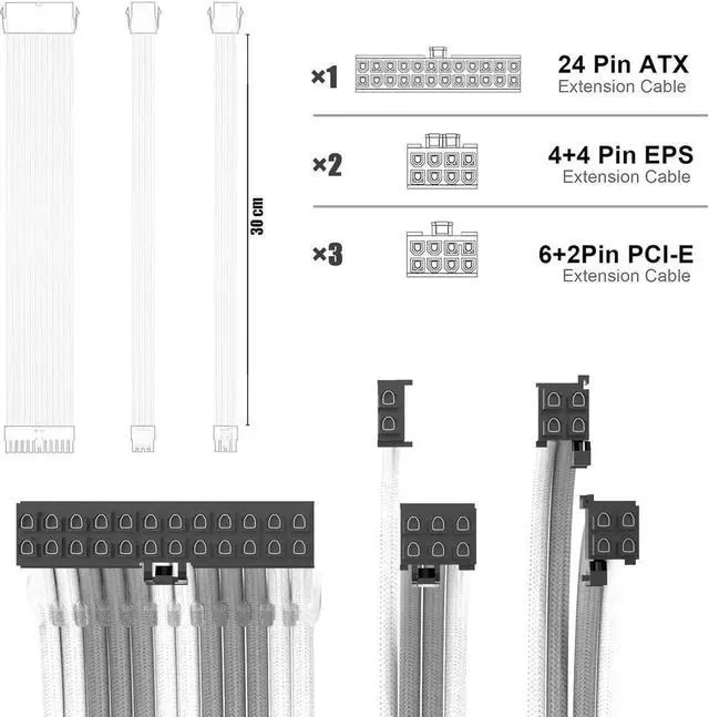 Alt view image 4 of 4 - PSU Cable Extension Kit 30CM Length with Combs,1x24Pin/2x8Pin(4+4) EPS/3x8Pin(6P+2P) PCI-E/PC Sleeved for ATX Power Supply,9 White & Grey)
