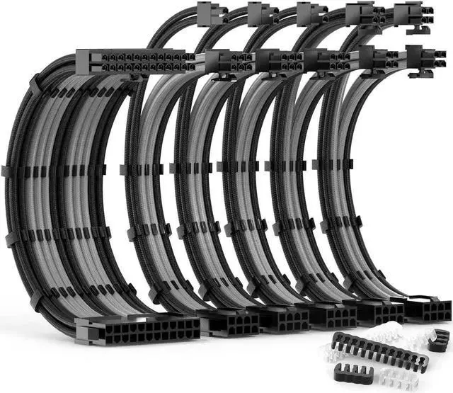 Main image of PSU Cable Extension Kit 30CM Length with Combs,1x24Pin/2x8Pin(4+4) EPS/3x8Pin(6P+2P) PCI-E/PC Sleeved for ATX Power Supply, (Black & Grey)