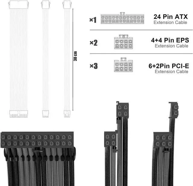 Alt view image 4 of 4 - PSU Cable Extension Kit 30CM Length with Combs,1x24Pin/2x8Pin(4+4) EPS/3x8Pin(6P+2P) PCI-E/PC Sleeved for ATX Power Supply, (Black & Grey)