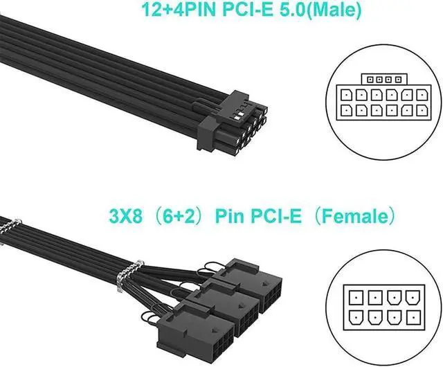 Alt view image 2 of 4 - 12+4 Pin to 3×8PIN ATX 3.0 Extension Cable, Mixed Next-Gen PCI-E 5.0 Power Extension Adapter Kit, Black