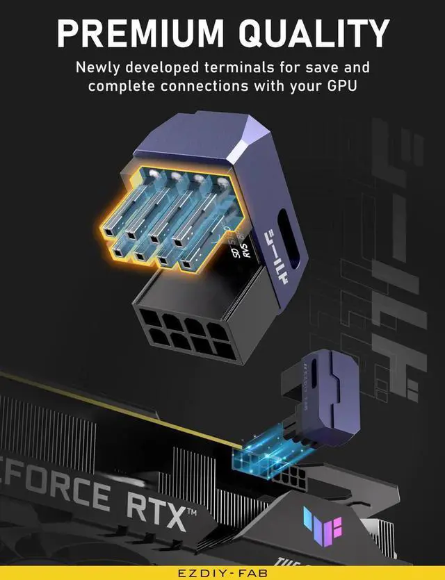 Alt view image 4 of 6 - Shield Series 8-Pin PCIe GPU Power Adapter, 180-Degree U-Turn Angled Connector, Reverse Type Aluminum Alloy GPU Connector, Purple, 2 Pack for Desktop Graphics Card