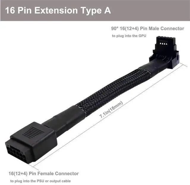 Alt view image 5 of 5 - 12VHPWR 90 Degree 16Pin Extension Cable, PCIe 5.0 12+4Pin Female to Male Angled Adapter, 16AWG 600W Sleeved GPU Power Cord, 7.1 Inch Type A for RTX 3090Ti 4070Ti 4080 4090