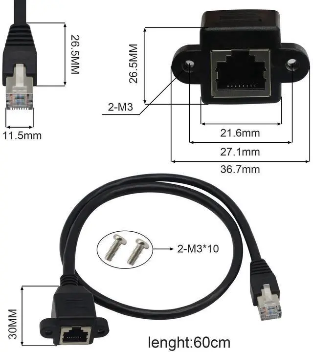 Alt view image 6 of 6 - Panel Mount RJ45 Male to Female Connector, Shielded CAT5/Cat5e/Cat6 LAN Extender Adapter with Screw Fixed Design, Inline Through-Type Network Wall Plate Jack for Cabinet & Panel Installation