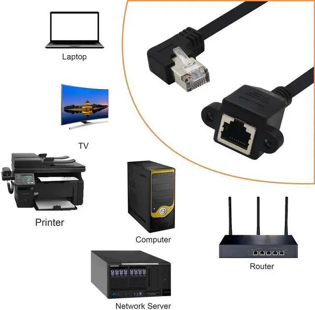 Alt view image 6 of 7 - 60cm Left Angled 90 Degree Panel Mount RJ45 Extension Cable, Shielded Male to Female LAN Extender Cord with Screw Hole, Compatible with Cat5/Cat5e/Cat6 for Cabinet & Equipment Installation