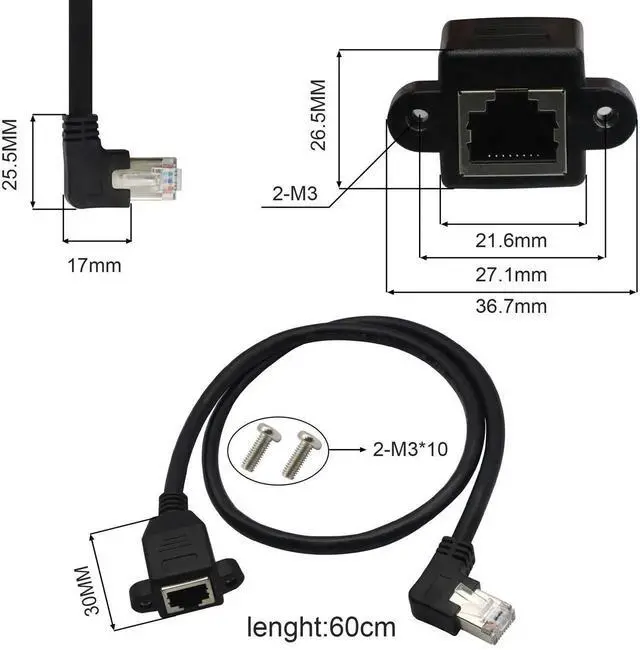 Alt view image 5 of 7 - 60cm Left Angled 90 Degree Panel Mount RJ45 Extension Cable, Shielded Male to Female LAN Extender Cord with Screw Hole, Compatible with Cat5/Cat5e/Cat6 for Cabinet & Equipment Installation
